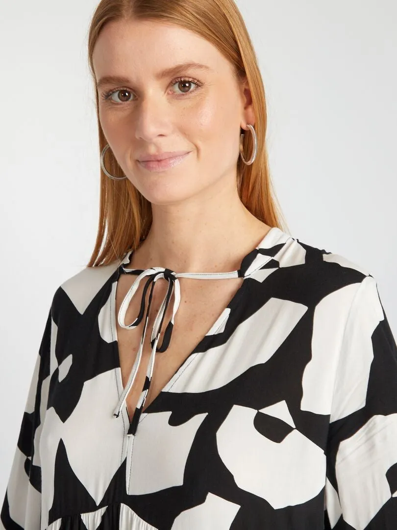 VESTIDO MIDI ESTAMPADO CUELLO PANADERO  NEGRO
